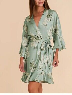 NWT Birdy Grey Kenny Floral Satin Wrap Robe in Sage Green, Size M/L